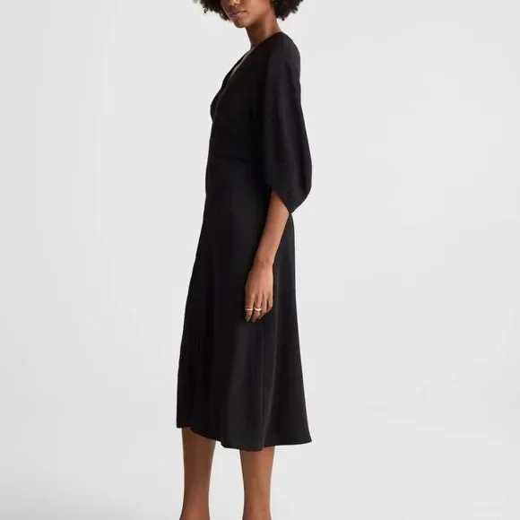 Madewell Jasmine Midi Dress Black Ruched Waist Crepe V Neck Slit Size 6 NWT - Picture 3 of 15